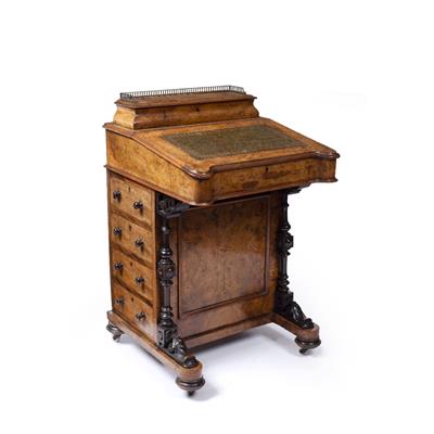 Lot 14 - A MID VICTORIAN FIGURED WALNUT DAVENPORT with raised correspondence compartment