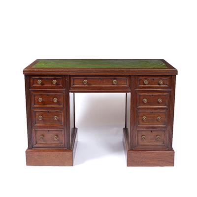 Lot 22 - A VICTORIAN MAHOGANY KNEEHOLE PEDESTAL WRITING DESK with leather topped central drawer and one long