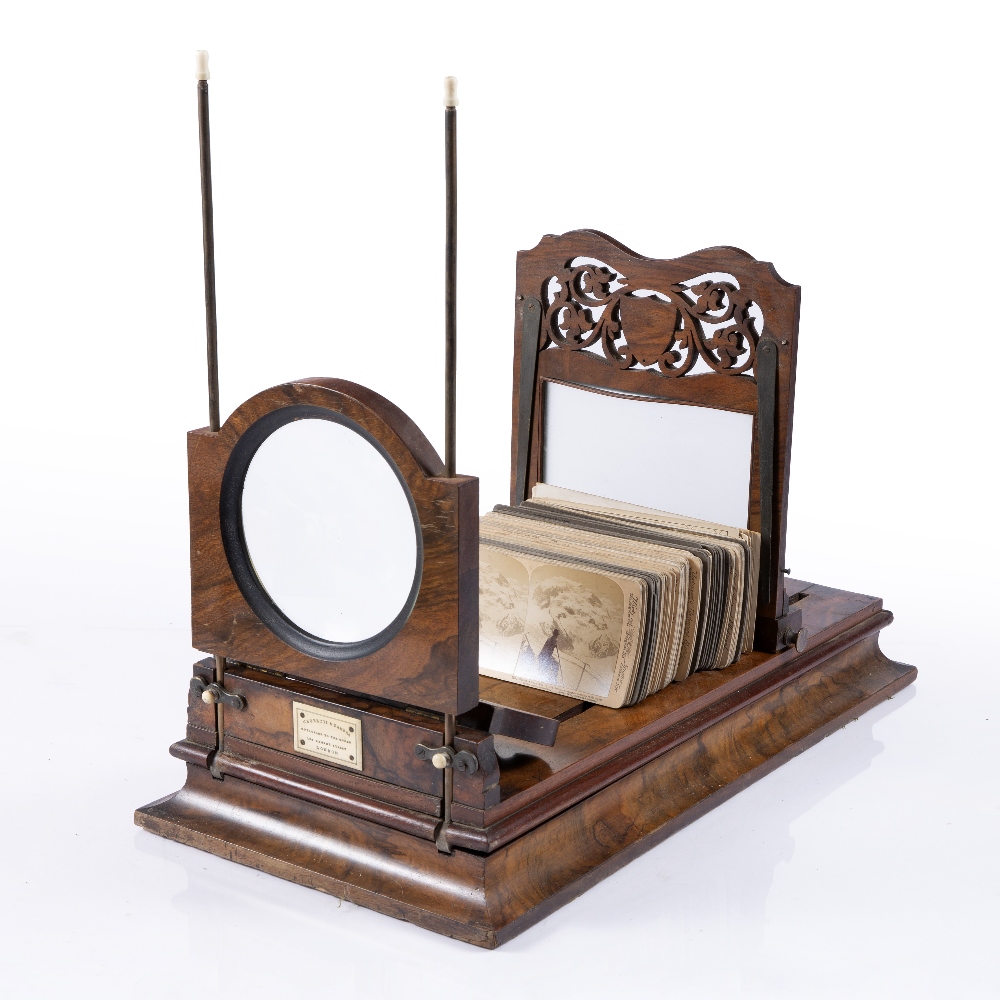 Lot 23 - A VICTORIAN FIGURED WALNUT TABLE TOP STEREOSCOPIC VIEWER by Negretti & Zambra
