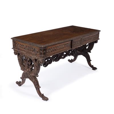 Lot 25 - A CEYLONESE ROSEWOOD RECTANGULAR CENTRE TABLE with two frieze drawers