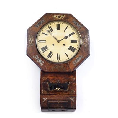 Lot 26 - A MID 19TH CENTURY FIGURED WALNUT DROP DIAL WALL CLOCK with painted Roman dial