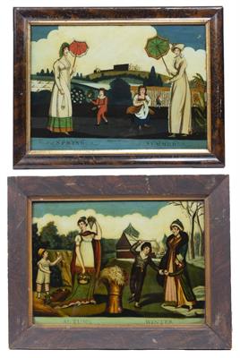 Lot 36 - A GEORGE III HAND COLOURED REVERSE PRINT ON GLASS: 'Spring:Summer'