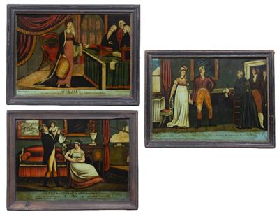 Lot 38 - A GEORGE III HAND COLOURED REVERSE PRINT ON GLASS: 'Mrs Clark's Examination before the Committee of