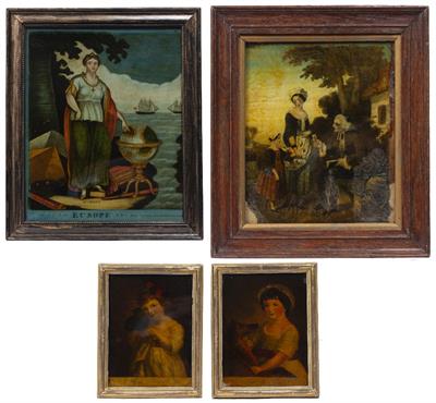 Lot 41 - A GEORGE III HAND COLOURED REVERSE PRINT ON GLASS: 'Europe'