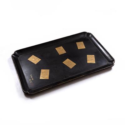 Lot 43 - A LARGE JAPANESE BLACK LACQUER TRAY with rectangular panels of Hiramaki-e in gold