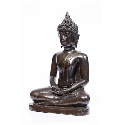 Lot 44 - A LARGE BRONZE BUDDHA seated upon a stepped base with holes for attachment to a larger architectural