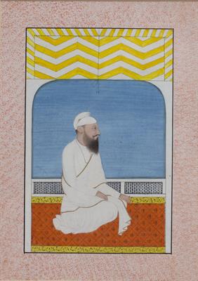Lot 57 - AN INDIAN MINIATURE painted with princely figure dressed in white and kneeling in an interior