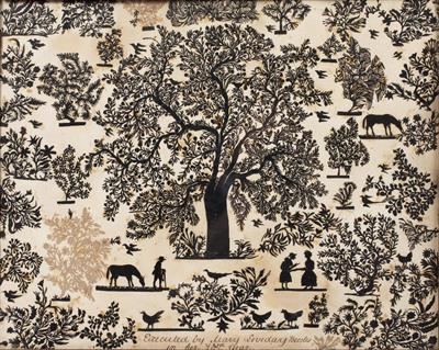 Lot 59 - A 19TH CENTURY CUT PAPER SILHOUETTE PICTURE inscribed 'Executed by Mary Loveday