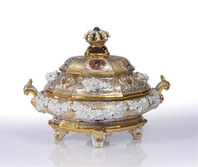 Lot 69 - A MEISSEN SHAPED OVAL AND GILDED TUREEN AND COVER in the 18th Century style with crown finial above