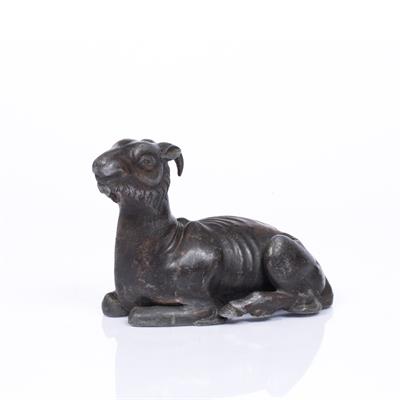 Lot 86 - A CHINESE LEAD FIGURE of a recumbent goat