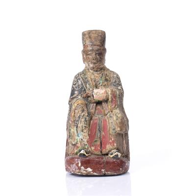 Lot 89 - A LATE 17TH CENTURY CHINESE WOODEN FIGURE of a seated Lohan with traces of original and later