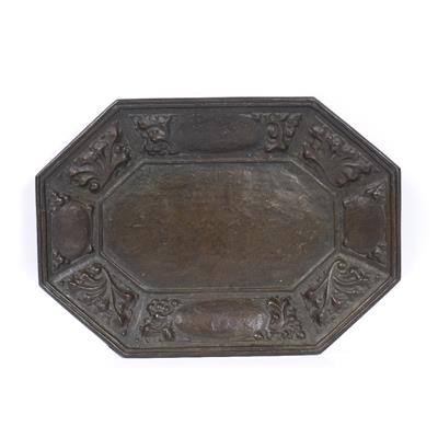 Lot 96 - A VICTORIAN OCTAGONAL BRONZE PATINATED TRAY with formal decoration within panels to the sides