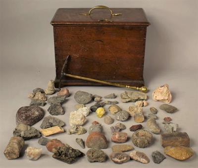 Lot 102 - A 19TH CENTURY OAK BOX CONTAINING A LARGE QUANTITY OF MINERAL AND FOSSIL SPECIMENS together with a