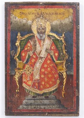 Lot 107 - AN ANTIQUE GREEK ORTHODOX ICON painted with a Saint with a staff seated on a gilt and upholstered