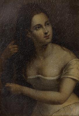 Lot 108 - A 19TH CENTURY PAPIER-MACHE PANEL painted with female beauty attending to her long hair