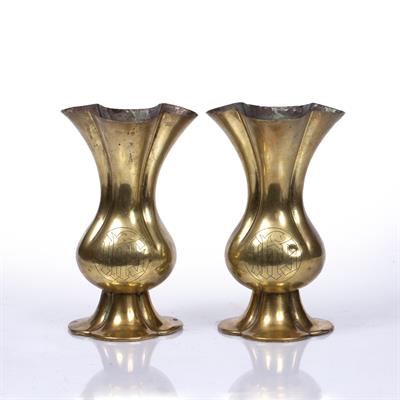 Lot 115 - A PAIR OF ARTS AND CRAFTS OR OXFORD MOVEMENT ALTAR VESSELS with quatrefoil rims and bases