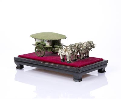 Lot 116 - A CHINESE MINIATURE PAINTED WOOD AND METAL FOUR HORSEDRAWN CARRIAGE mounted on a stand