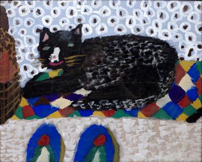 Lot 125 - NAIVE/PRIMITIVE SCHOOL: Study of a recumbent black cat with white nose 'Cats Corner'
