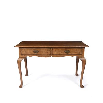 Lot 135 - AN 18TH CENTURY STYLE OAK SIDE TABLE with two crossbanded frieze drawers on cabriole legs with metal