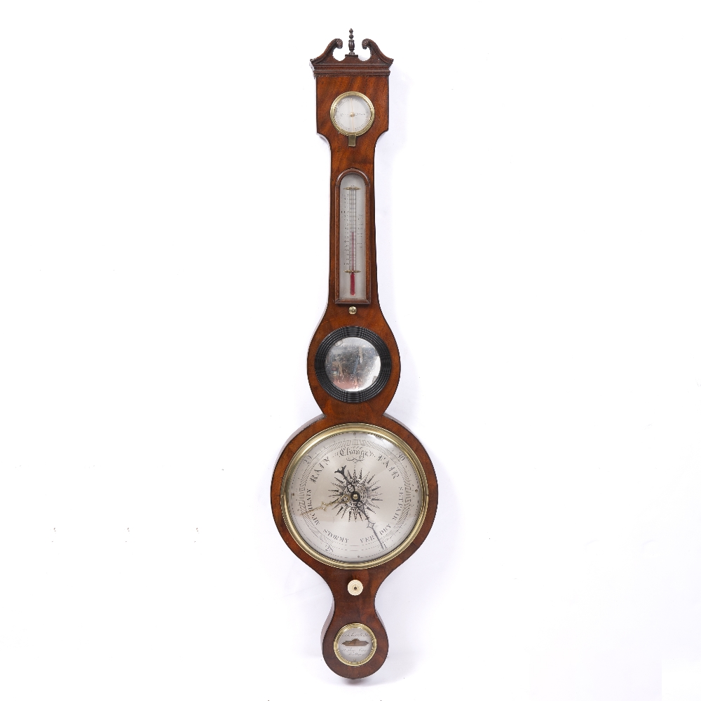 Lot 136 - A 19TH CENTURY BANJO WHEEL BAROMETER with swan neck cornice above hygrometer