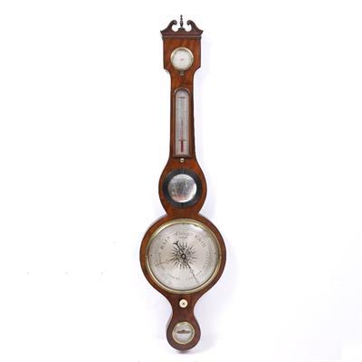 Lot 136 - A 19TH CENTURY BANJO WHEEL BAROMETER with swan neck cornice above hygrometer