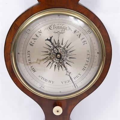 Lot 136 - A 19TH CENTURY BANJO WHEEL BAROMETER with swan neck cornice above hygrometer