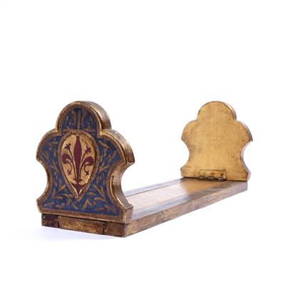 Lot 137 - A BLUE AND GILT PAINTED EXTENDING BOOK STAND with fleur de lys ornament