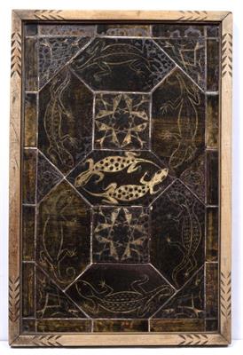 Lot 144 - A BENIN TILE PANEL decorated with lizards and stylised fish
