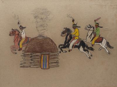 Lot 145 - THREE AMERICAN NATIVE INDIAN PASTEL STUDIES of figures on horseback and ceremonial dance