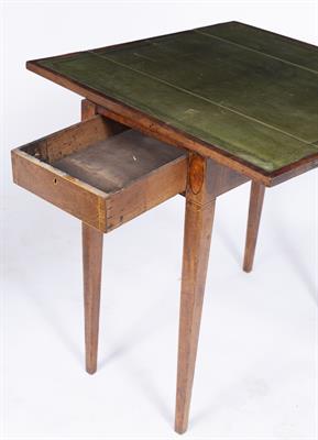 Lot 152 - A GEORGE III MAHOGANY AND BOXWOOD LINE INLAID WRITING OR GAMES TABLE with revolving and folding top