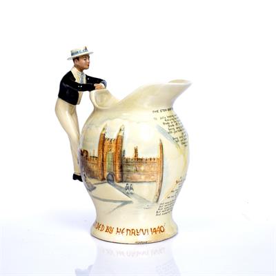 Lot 174 - A CROWN DEVON FIELDINGS MUSICAL JUG moulded in colours with Eton College and Rowing Team