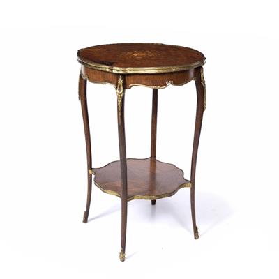 Lot 180 - A LOUIS XV STYLE ROSEWOOD AND BEECHWOOD TWO TIER SHAPED CIRCULAR OCCASIONAL TABLE