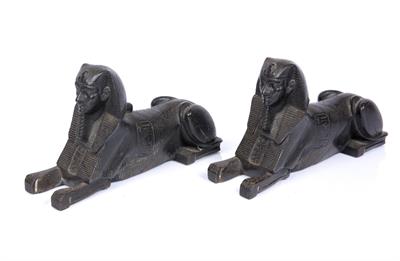 Lot 190 - A PAIR OF 19TH CENTURY BRONZE RECUMBENT SPHINXES