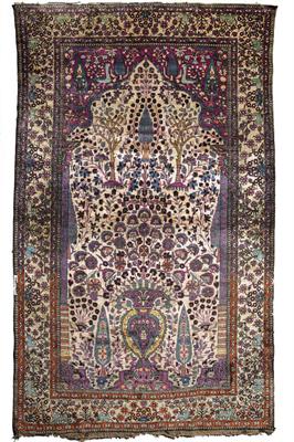 Lot 211 - AN ANTIQUE PERSIAN KASHAN SILK RUG finely decorated with a central vase of polychrome flowers with