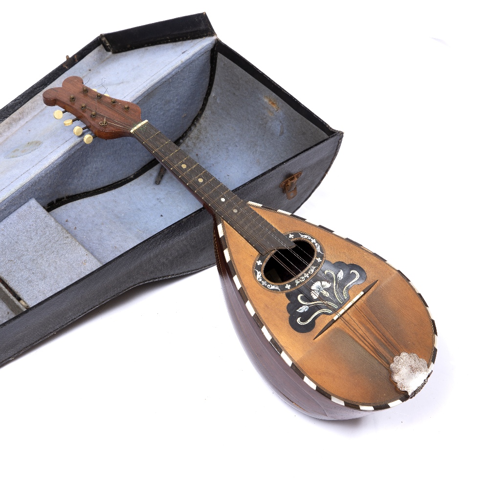 Lot 223 - AN ITALIAN MANDOLIN with mother of pearl decoration and rosewood back