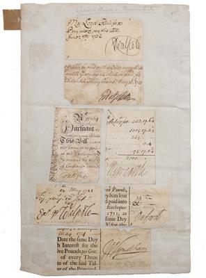 Lot 715 - A GROUP OF SEVEN CUT OUT EXTRACTS from early 18th century financial documents signed by ministers of