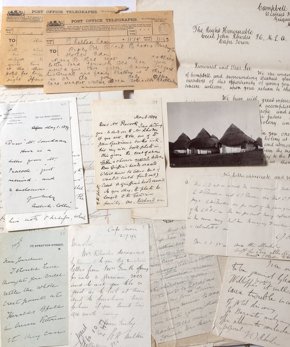 Lot 937 - A MARBLED FILE entitled Colonel F.W. Rhodes (Private Papers) containing a Petition to Cecil Rhodes