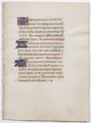Lot 428 - TWO PAGES FROM AN EARLY ILLUMINATED MANUSCRIPT PRAYER BOOK