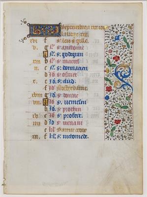 Lot 429 - A 15TH CENTURY FRENCH BOOK OF HOURS CALENDAR LEAF for September c1470. Double sided 17 & 15 lines of