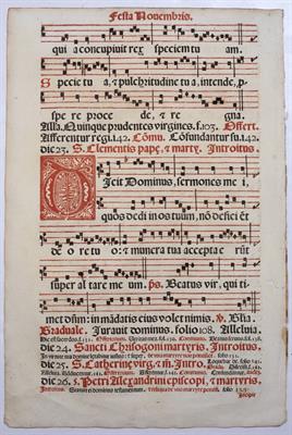 Lot 431 - A FOLIO LEAF FROM A 17TH CENTURY VENETIAN GRADUAL containing prayers for the Feast of Saints Martin