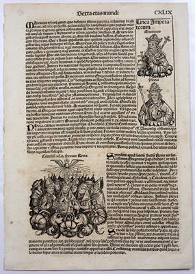 Lot 432 - THREE FOLIO DOUBLE SIDED PAGES FROM LIBER CHRONICARUM OR NUREMBERG CHRONICLE headed Serta Etas