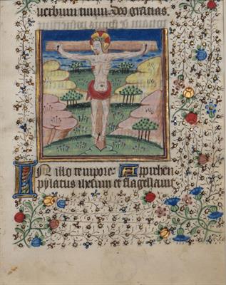 Lot 433 - A MEDIEVAL FRENCH ILLUMINATED MINIATURE OF THE CRUCIFIXION