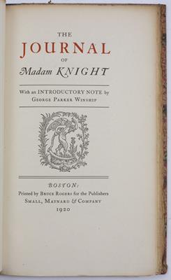 Lot 583 - THE PRIVATE JOURNAL OF MADAM KNIGHT' with an introductory note by George Parker Winship. Small