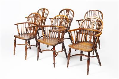 Lot 18 - Near set of six yew-wood and elm Windsor elbow chairs