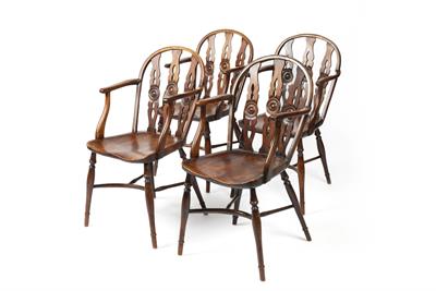 Lot 28 - Set of four yew and elm wheel-back Windsor elbow chairs
