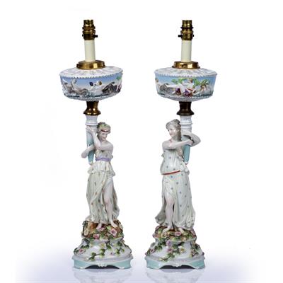 Lot 243 - Pair of Continental porcelain figural table lamps