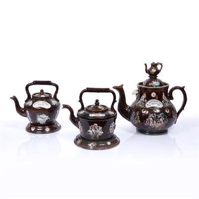 Lot 256 - Three late Victorian Bargeware teapots