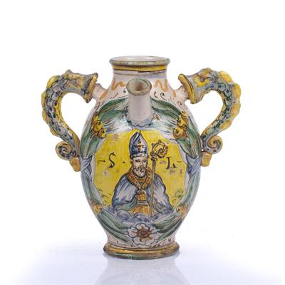 Lot 340 - Montelupo polychrome pottery syrup jar