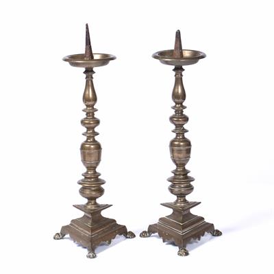 Lot 362 - Pair of bronze pricket candlesticks