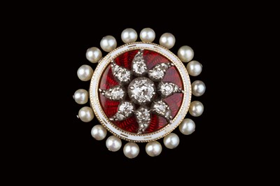 Lot 156 - A diamond, pearl and enamel panel brooch, the...